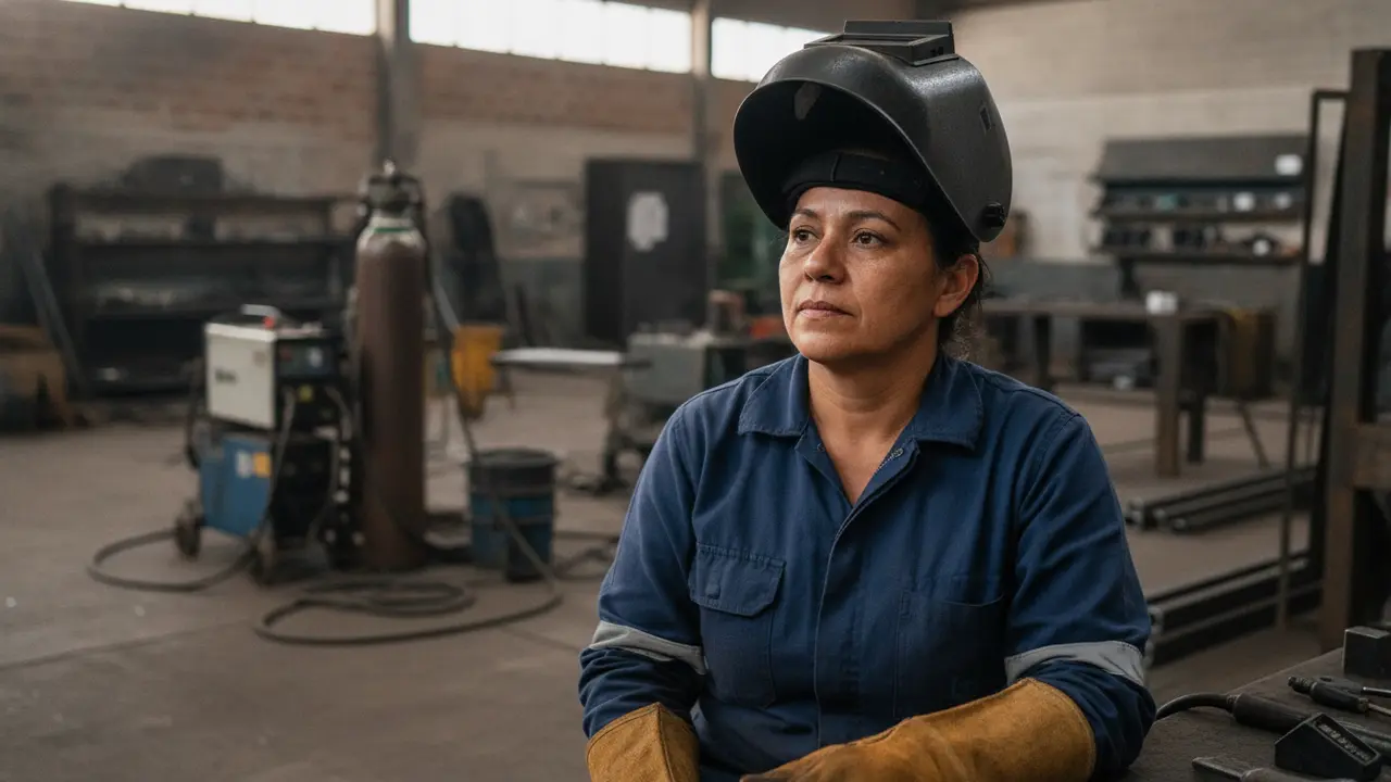 Trabalhadora soldadora em oficina industrial, ilustrando conversão de atividade especial para aposentadoria.