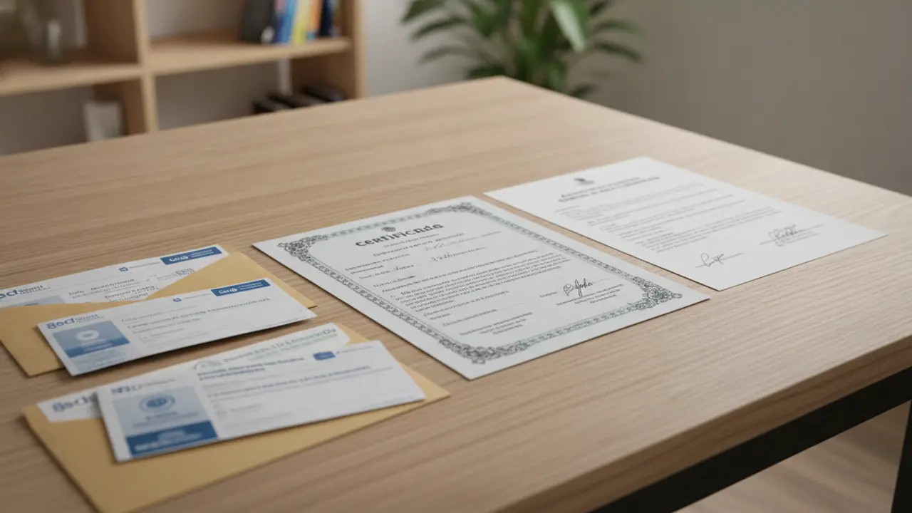 Mesa com documentos como certidão de filho e declaração de união estável para pensão por morte.