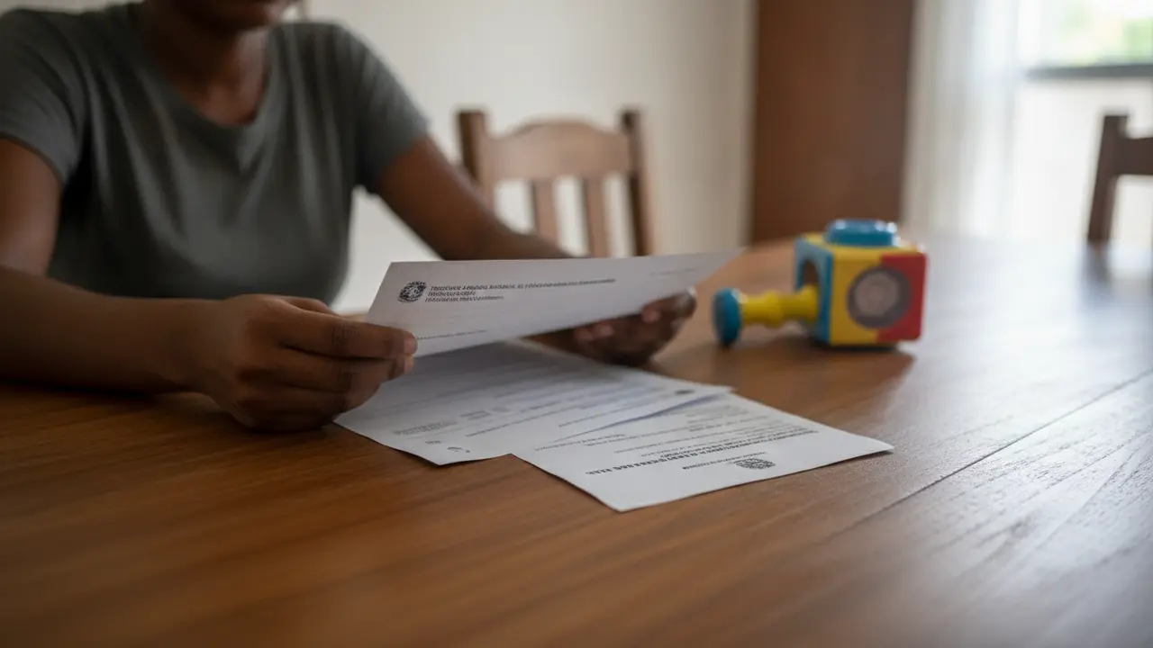 Mãos de mãe negra segurando laudos médicos e carta do INSS para pensão por morte de filho com deficiência.