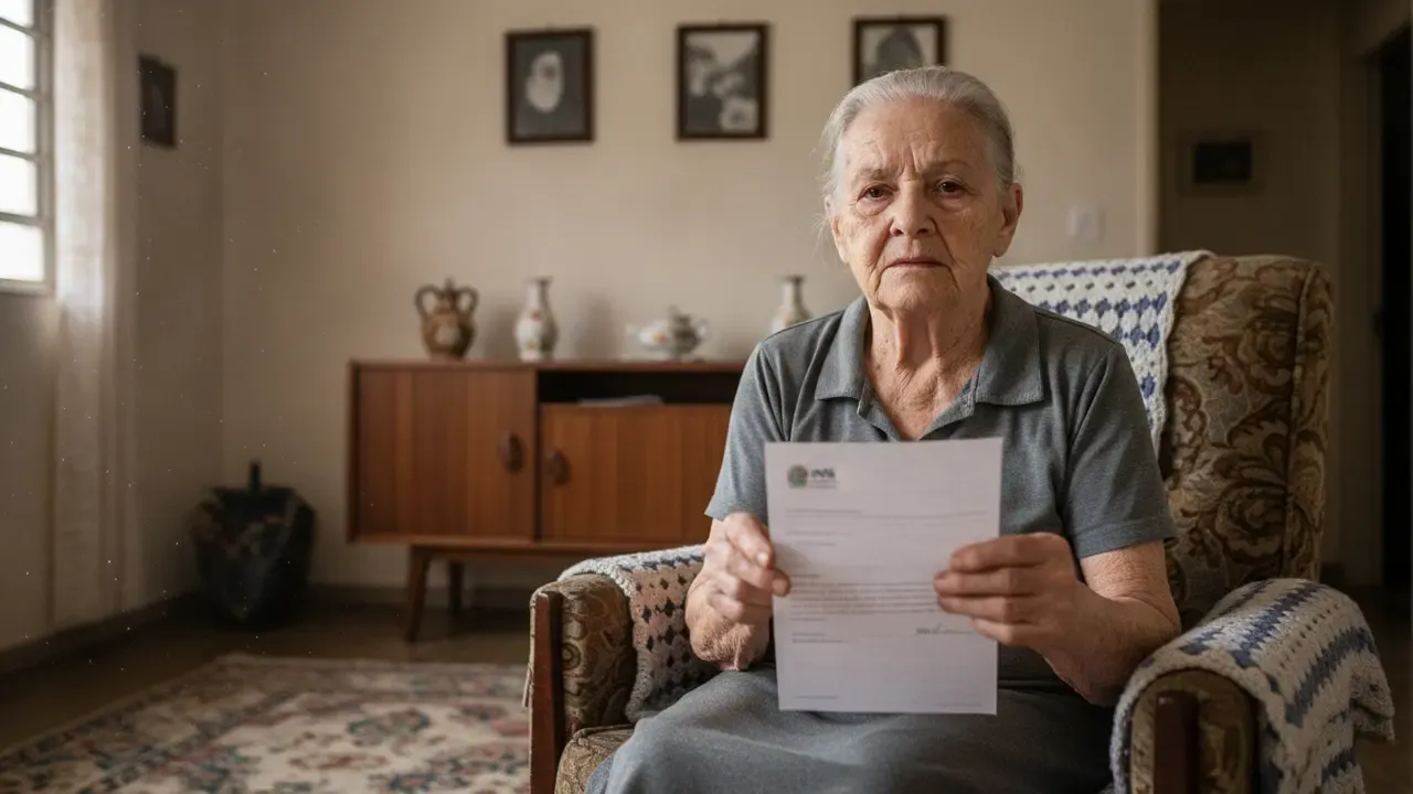 Idosa com carta de convocação do INSS, ilustrando o pente fino.