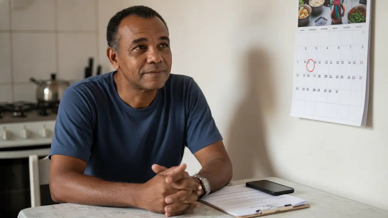 Homem pardo olhando calendário, aguardando precatório ou RPV do INSS.