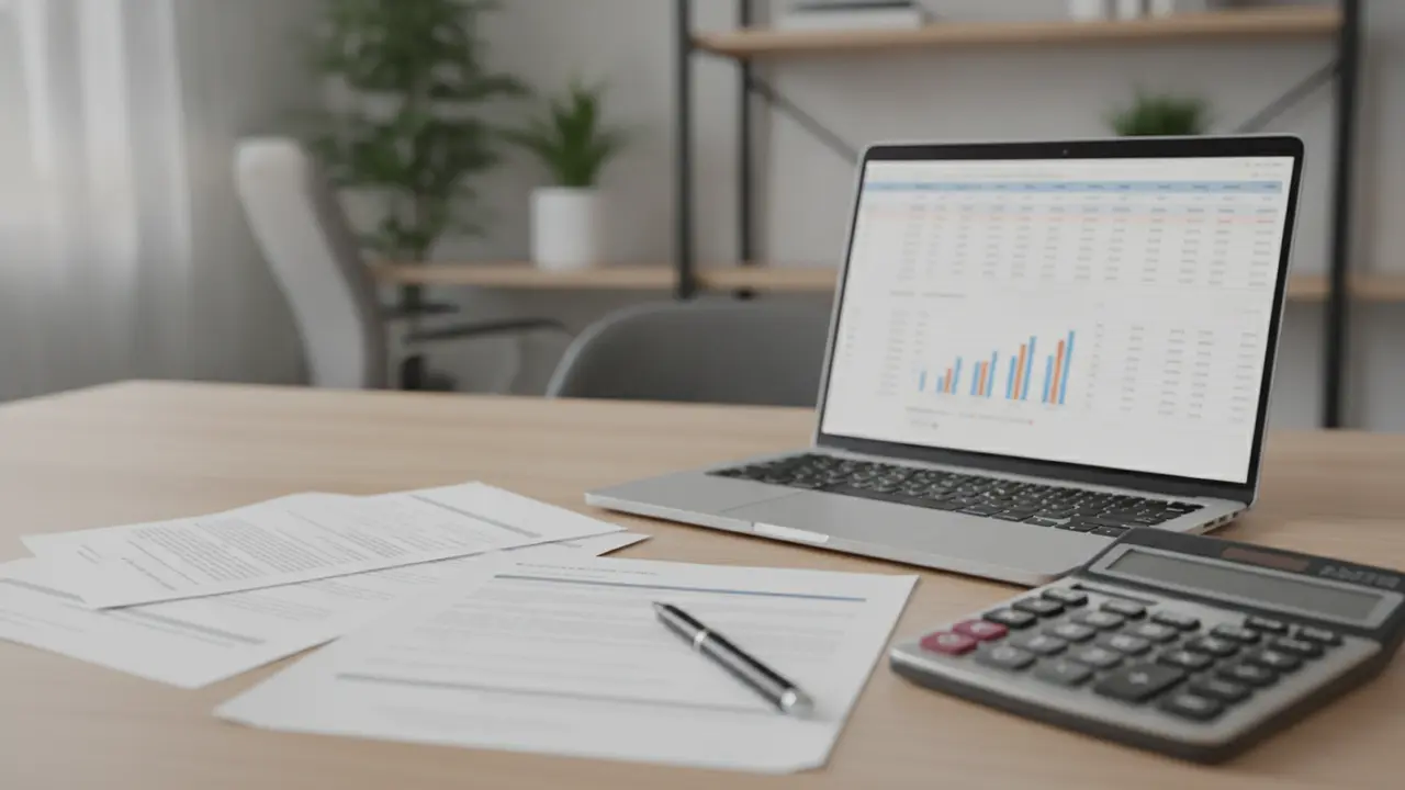 Mesa com calculadora, documentos e laptop com planilha de cálculo de aposentadoria.