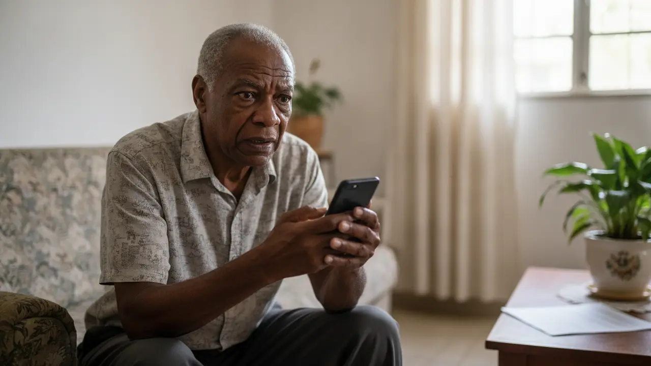 Homem idoso negro preocupado com celular, ilustrando golpe da prova de vida do INSS.