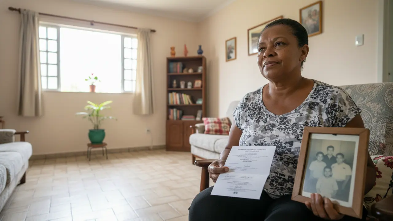 Mulher negra em casa, segurando certidão de óbito e foto, ilustrando pensão por morte.