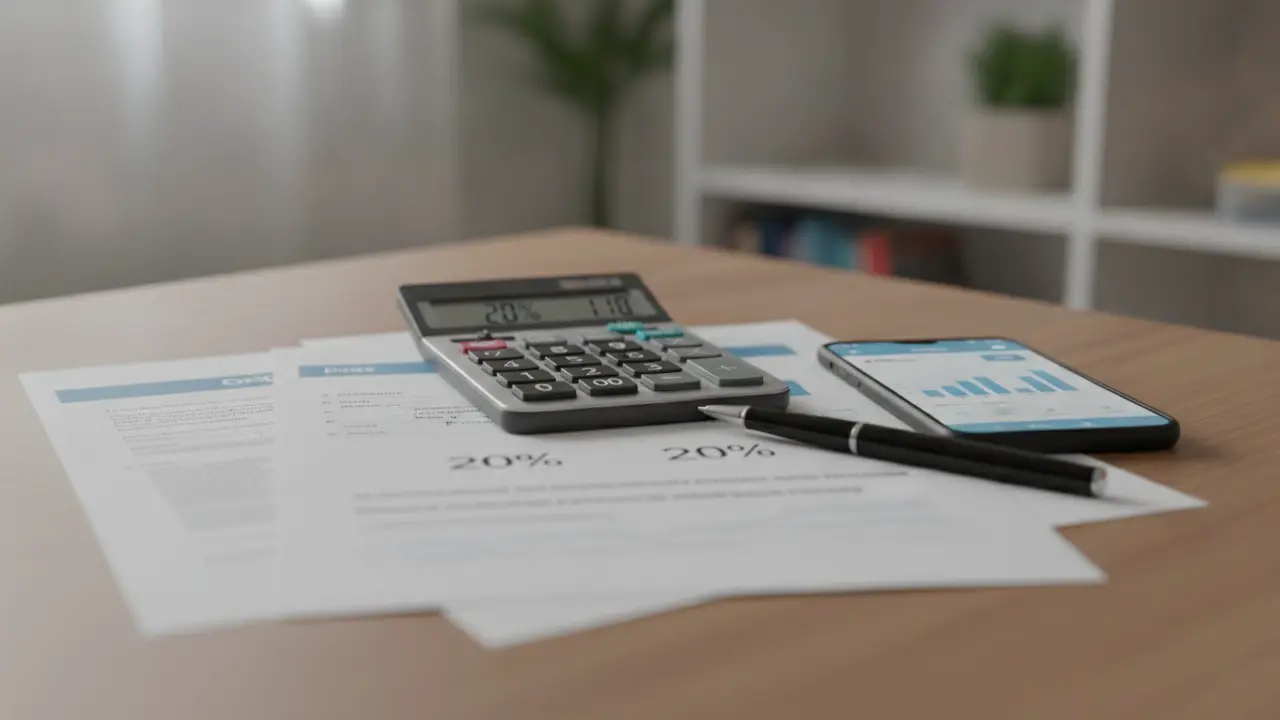 Mesa com calculadora, documentos e celular, representando a escolha de contribuição ao INSS.