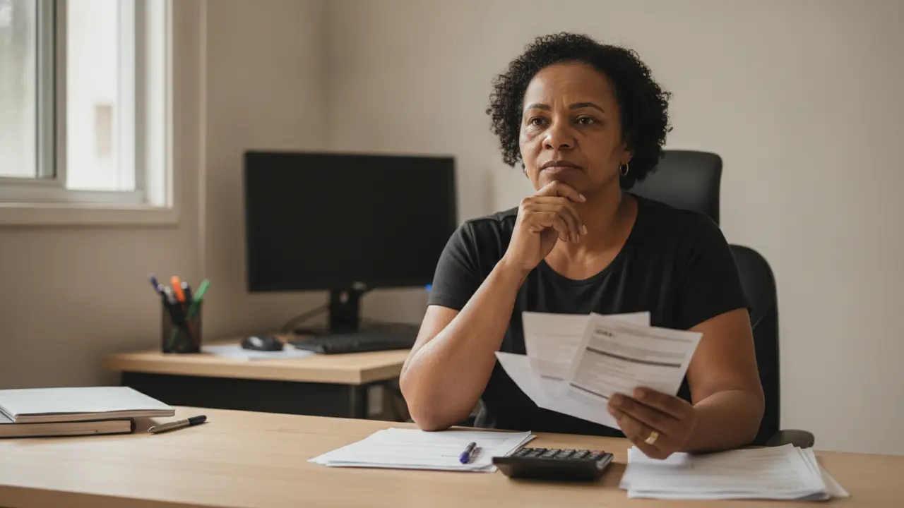 Mulher negra MEI organizando documentos para aposentadoria em seu home office.