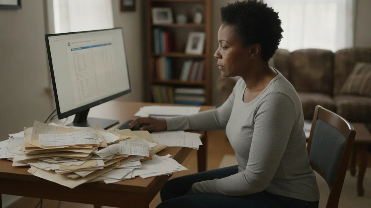 Mulher negra revisando extrato do INSS e comprovantes de pagamento, ilustrando contribuições facultativas desconsideradas.