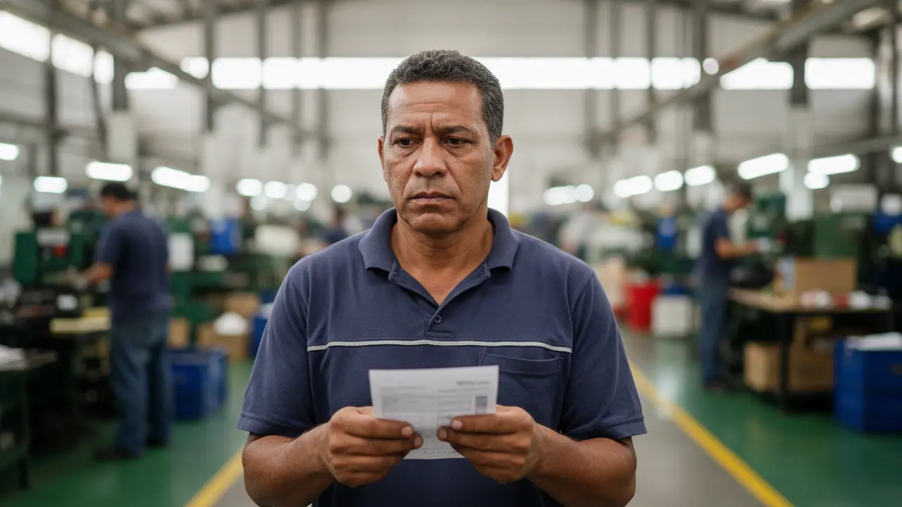 Operário pardo em fábrica segurando contracheque, pensando sobre relação de emprego e direitos trabalhistas.
