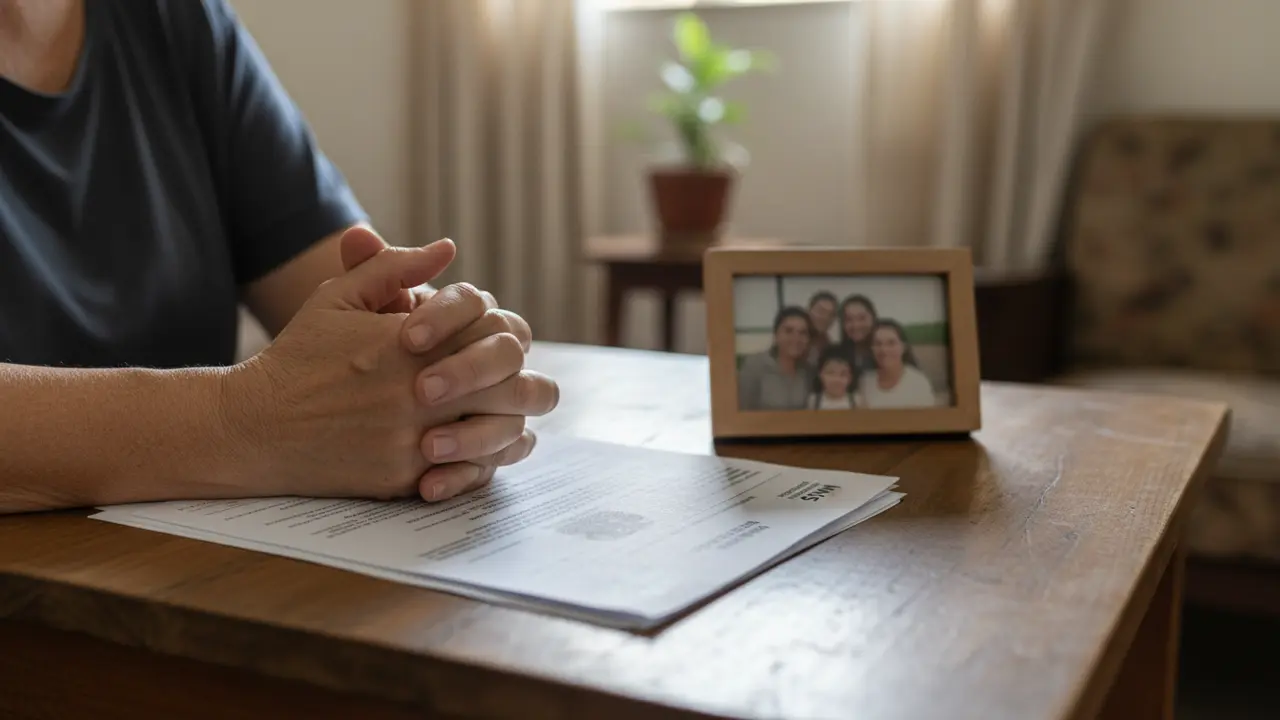 Mãos de mulher branca sobre documentos e foto de família, ilustrando a preocupação com o auxílio reclusão.