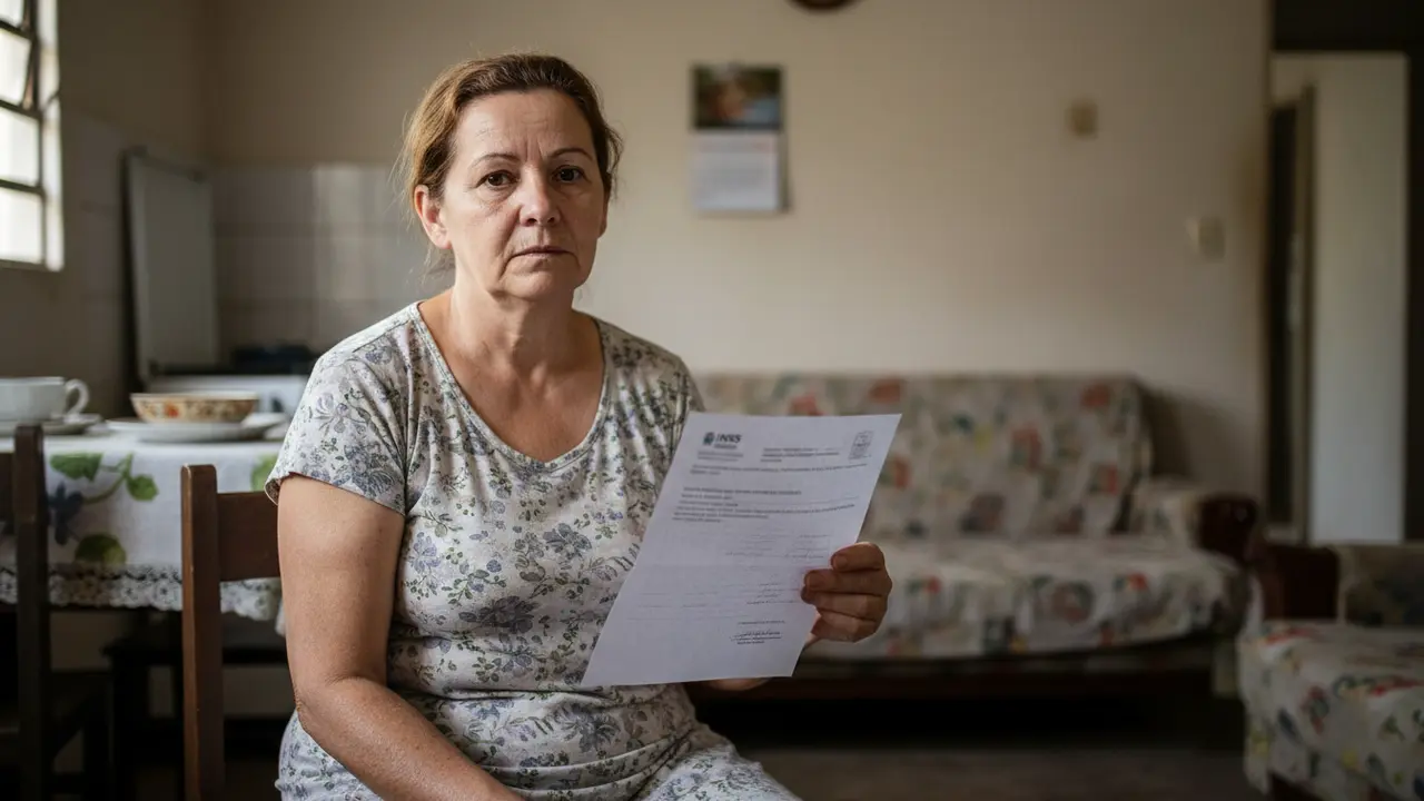 Faxineira branca preocupada segurando carta de cancelamento de benefício do INSS em sua casa.