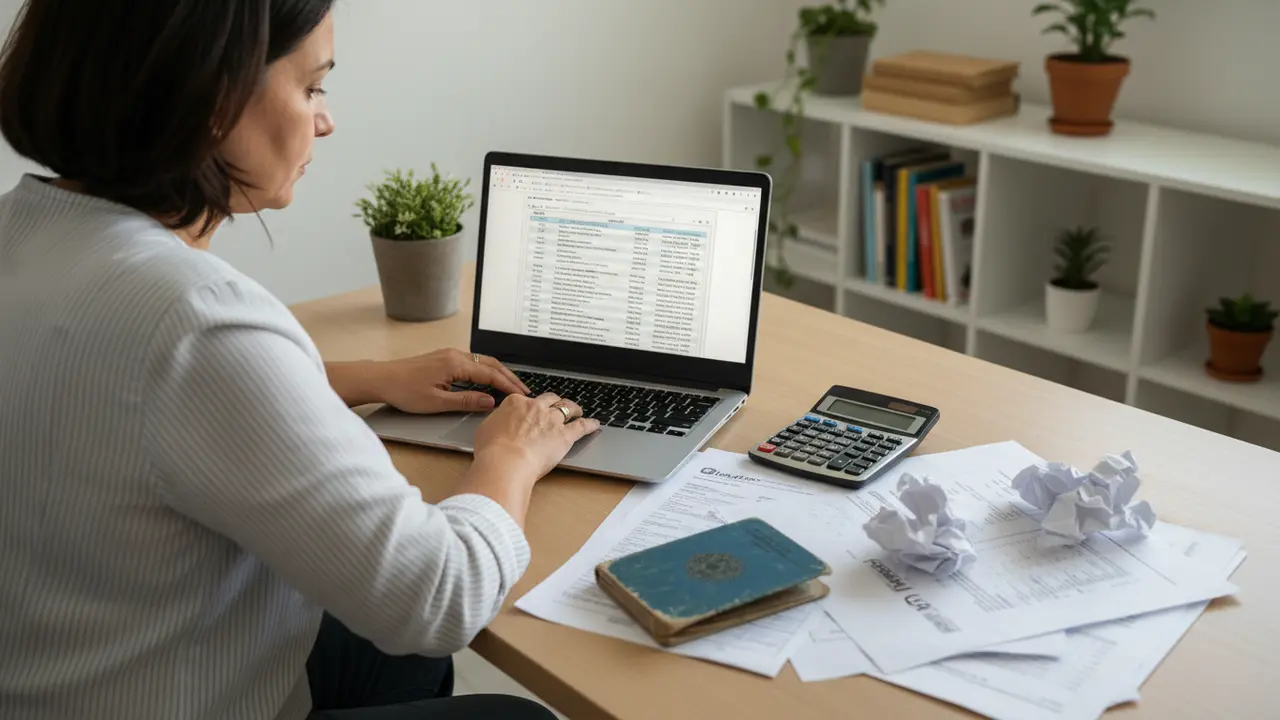 Mulher parda em home office calculando pontos para aposentadoria no laptop com documentos.