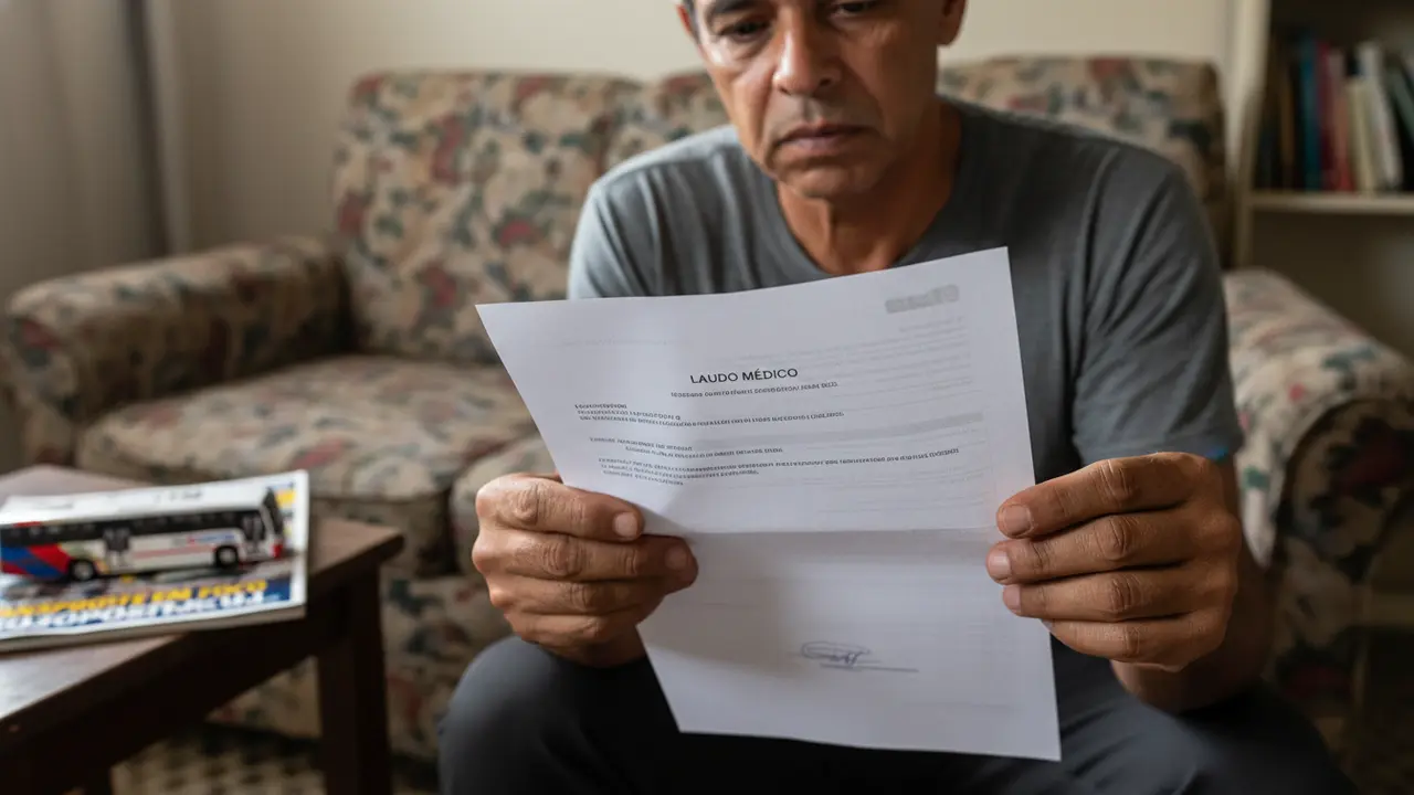 Mãos de motorista pardo segurando laudo médico, ilustrando aposentadoria por incapacidade permanente.