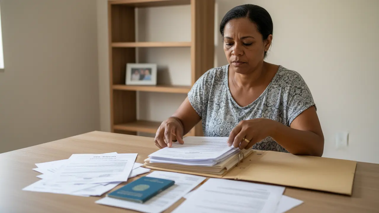 Mulher negra organizando documentos para pensão por morte, incluindo certidão de óbito e carteira de trabalho.