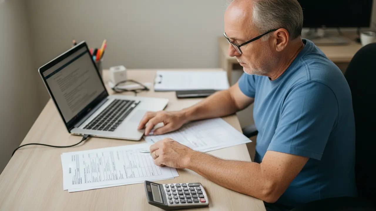 Homem autônomo concentrado em notebook e documentos, ilustrando contribuições reduzidas do INSS.