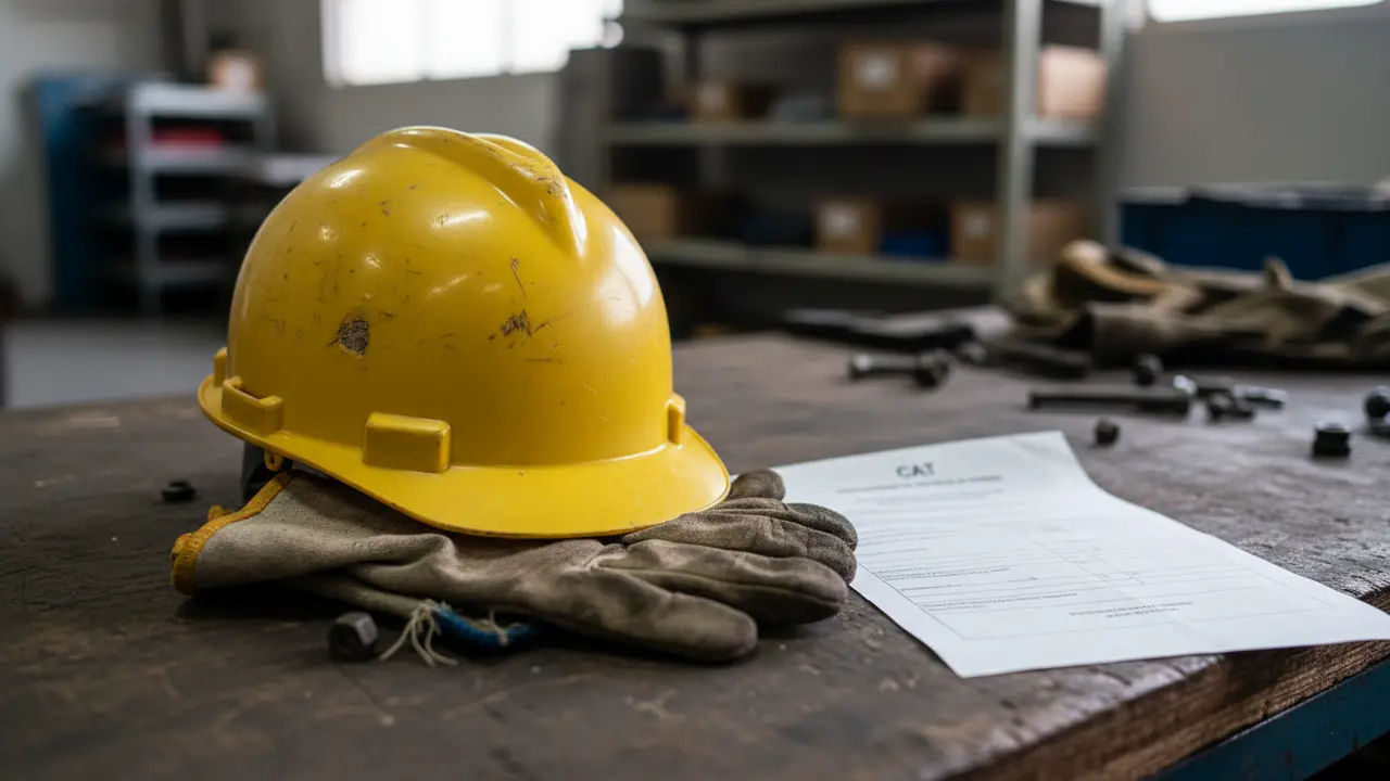 EPIs industriais danificados e formulário CAT, simbolizando acidente de trabalho e direitos.