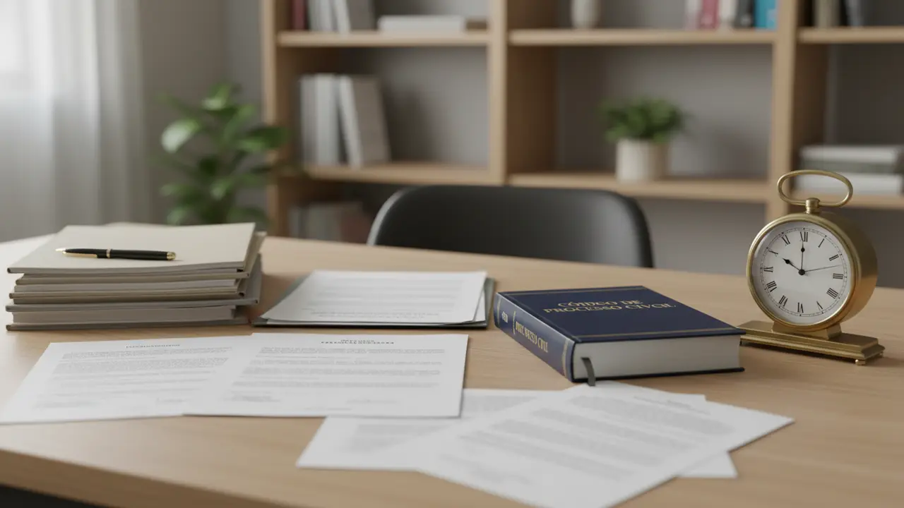 Mesa com documentos, livro de leis e relógio, simbolizando direito adquirido na Previdência.