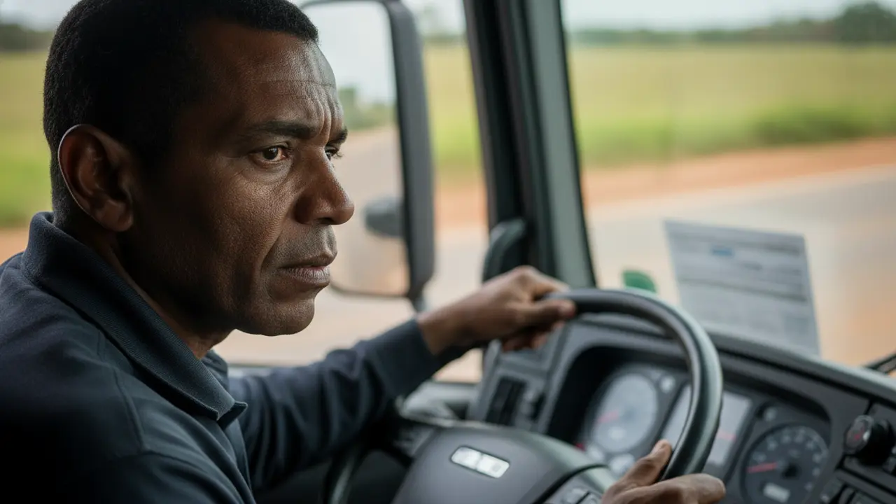 Motorista de caminhão negro com expressão cansada no volante, ilustrando acidente de trabalho em atividade de risco.
