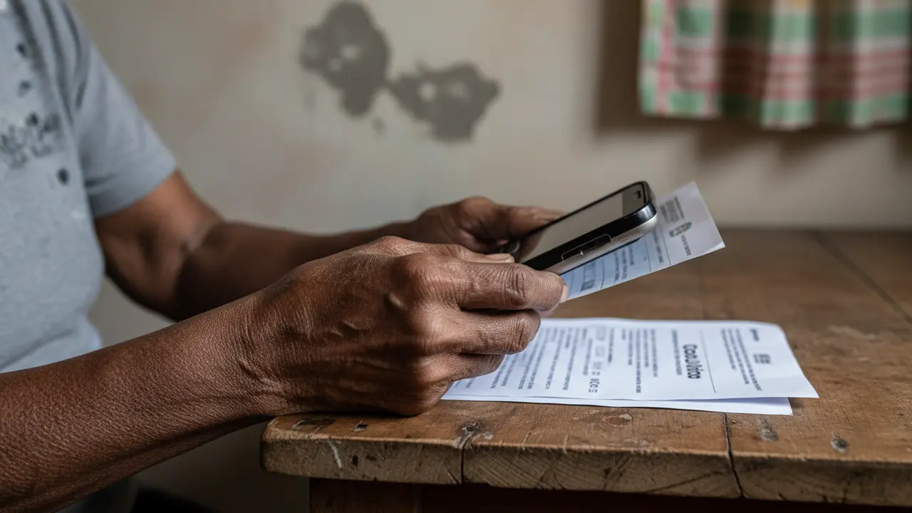 Mãos de senhora idosa negra segurando documentos e celular, ilustrando o benefício LOAS.