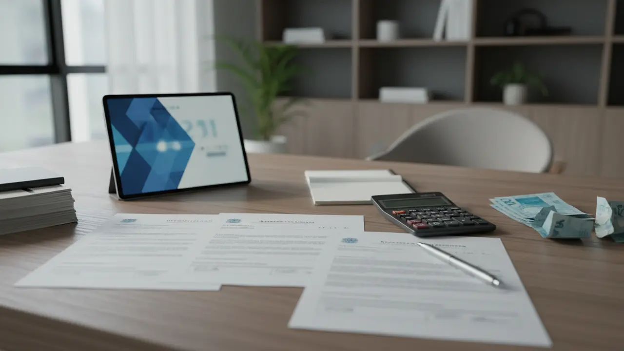 Mesa de escritório com documentos, calculadora e tablet, simbolizando o Fator Previdenciário.