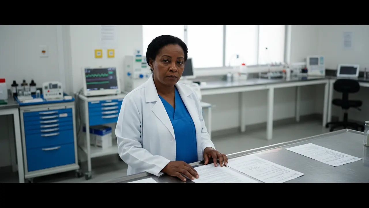 Enfermeira negra em hospital público com documentos, ilustrando aposentadoria especial do servidor.