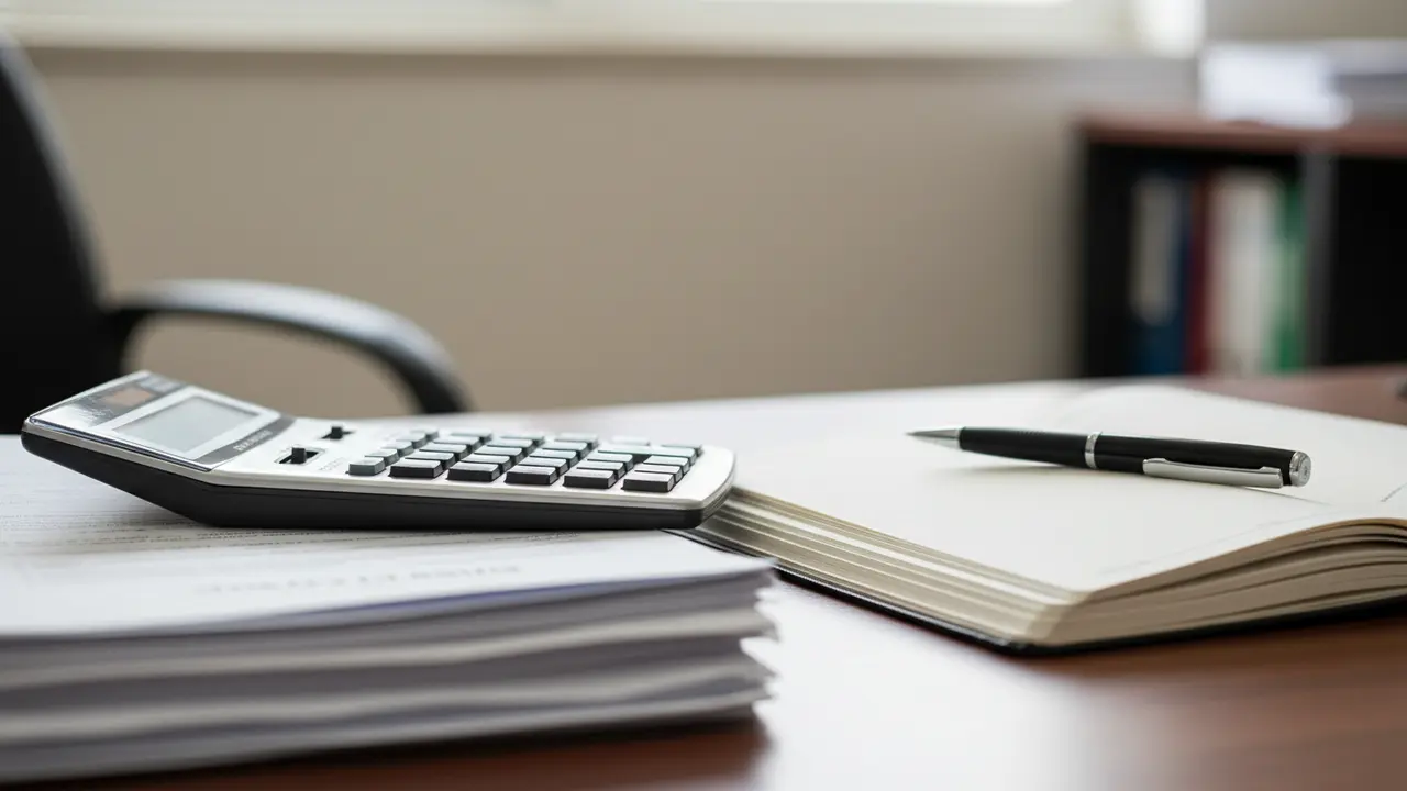 Mesa de escritório com documentos e calculadora, representando o cálculo de danos morais trabalhistas.