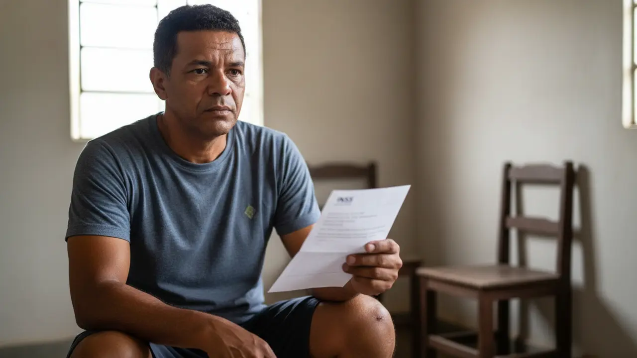 Trabalhador pardo com cicatriz na perna e carta do INSS, ilustrando auxílio-acidente.