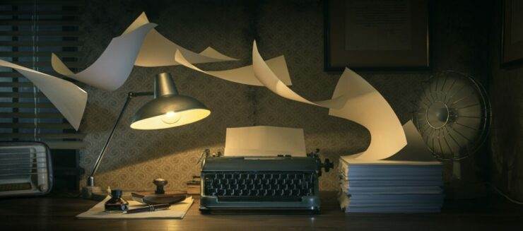 Vintage writer's desktop with flying sheets
