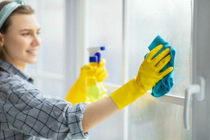 Young housekeeper washing window glass with rag and spray detergent, selective focus