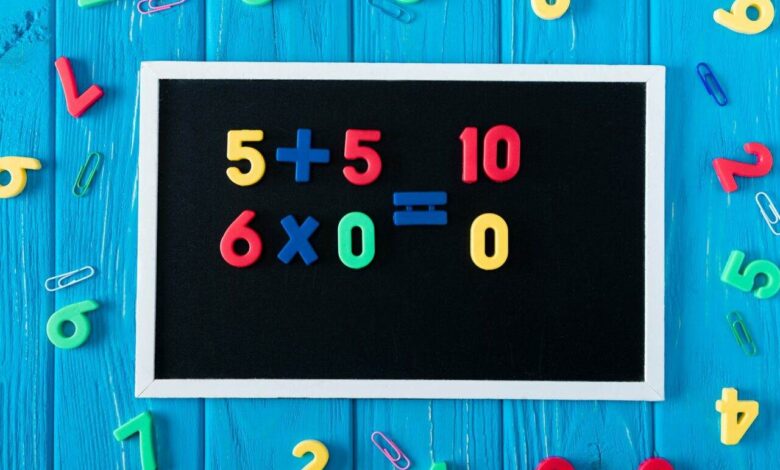top view of blackboard with math sums, colorful numbers and paper clips on blue wooden background